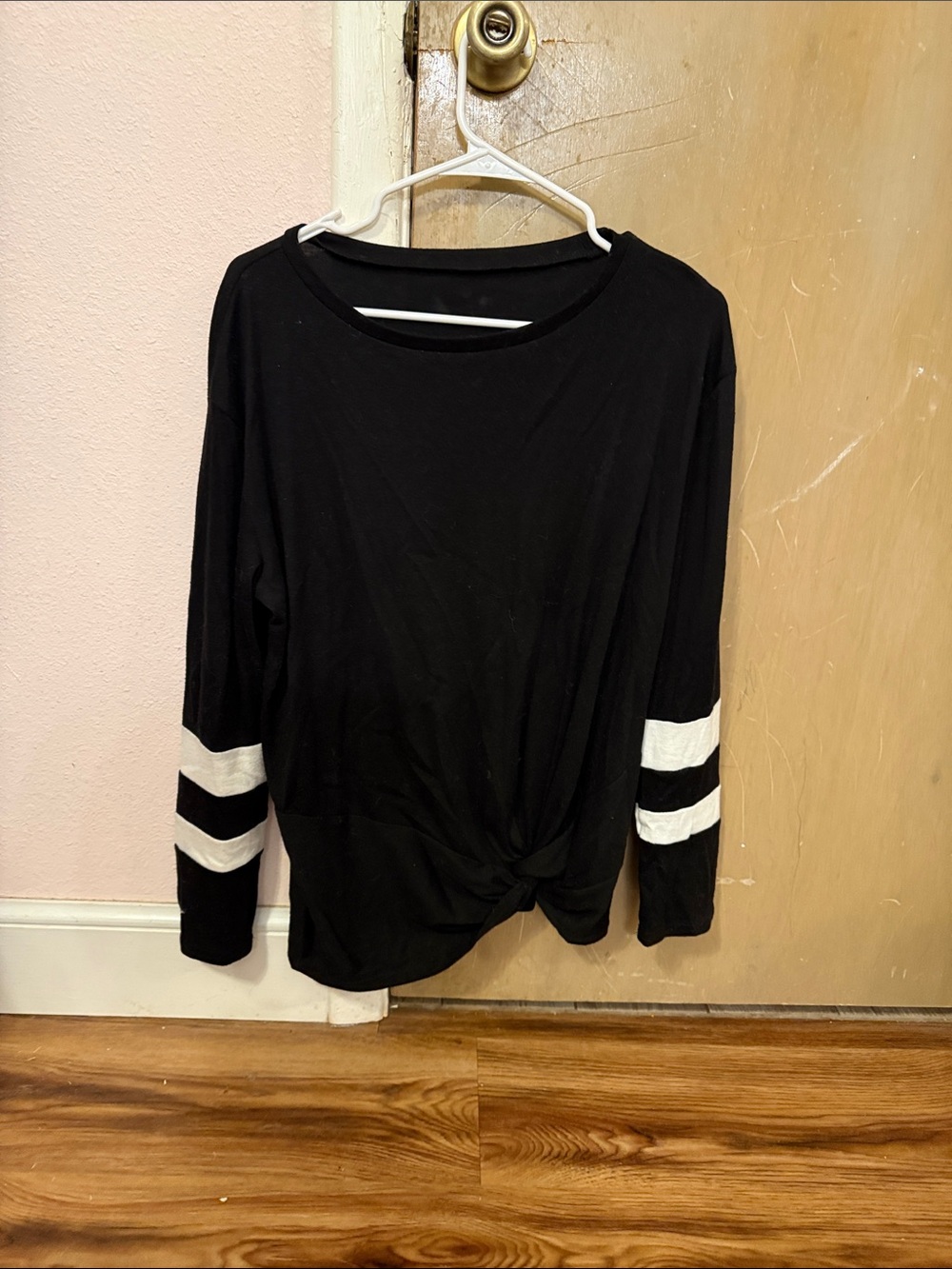 Black Long-Sleeve Knot Front Top with White Sleeve Stripes
